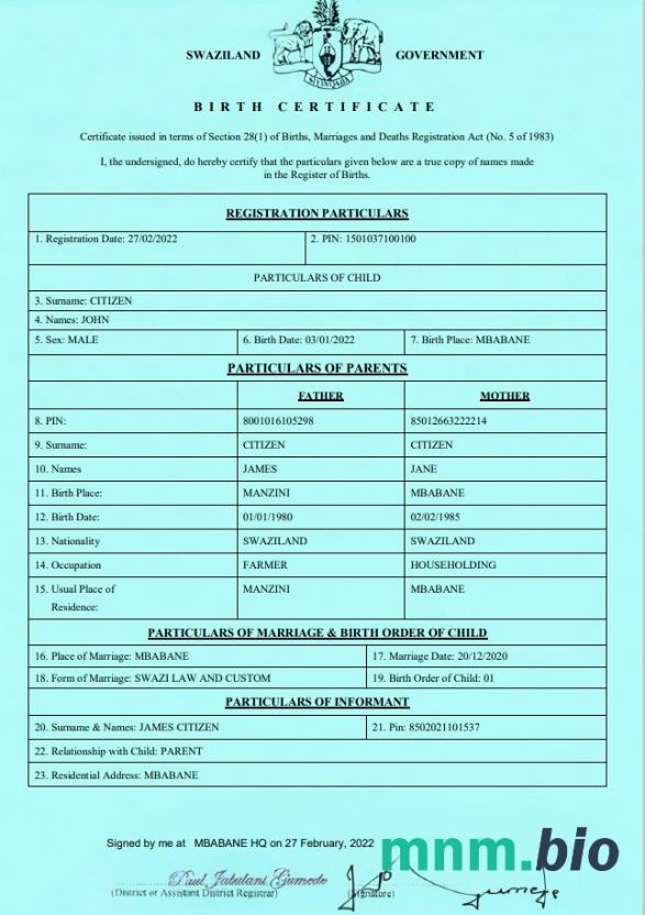 Swaziland narodziny certyfikat szablon in Word i PDF formacieSwaziland narodziny certyfikat szablon in Word i PDF formacie